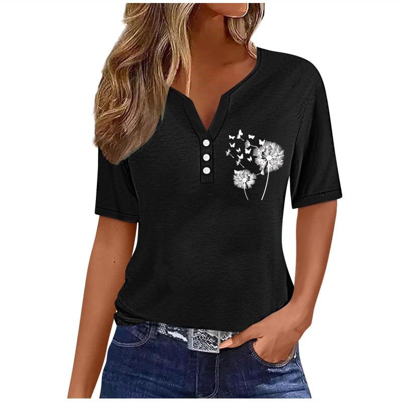 Womens Dandelion Butterfly Print V Neck T Shirt Casual Half Sleeve Henley Top S