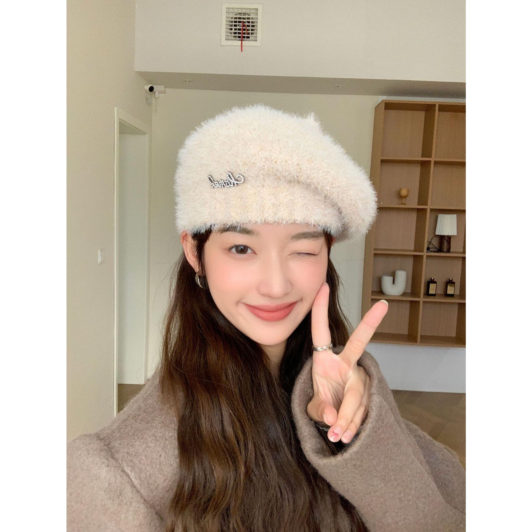 

Сезонная шапка женская вязаная шерстяная шапка с инкрустированными бриллиантами в виде алфавита берет зимняя теплая тыквенная шапка Tide