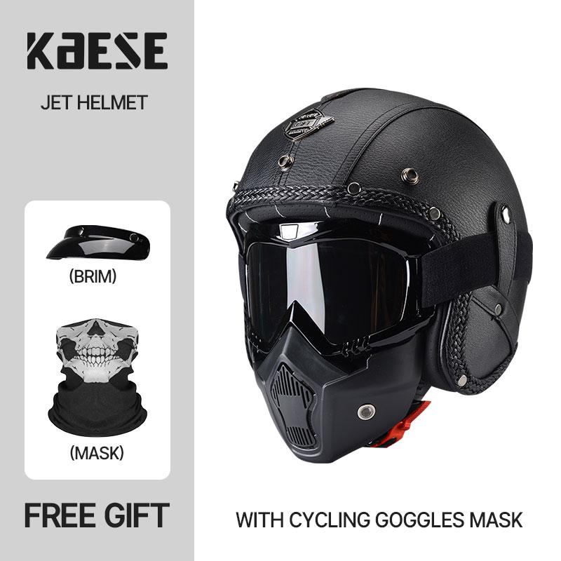 Newest Black Leather Open Face Motorcycle Helmet With Mask Scooter Riding Caque Classic Electric Motorbike Jet Cascos Para Moto