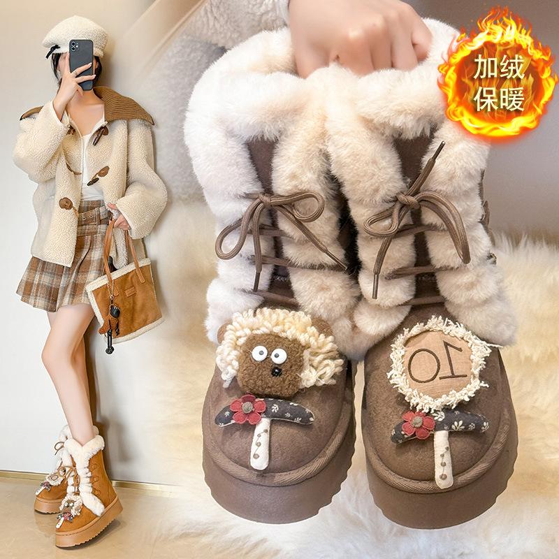 Women's Large Size Lace-up Soft Sole Winter Warm Fur Snow Boots Padded Lined Ankle Boots Anti-slip Hiking Sports Cotton Boots