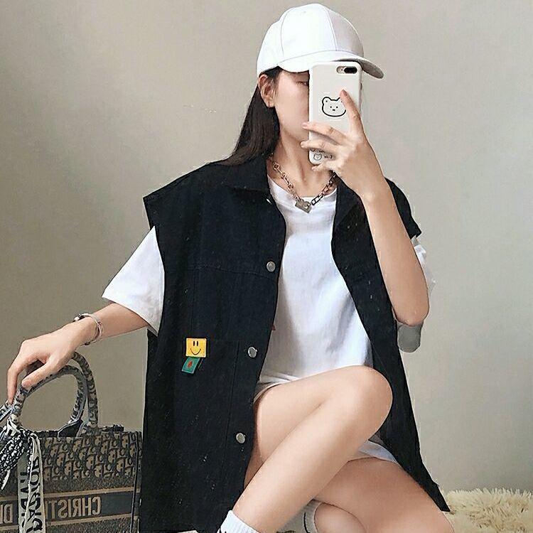 

Джинсовый жилет женский весна и осень новый корейский вариант ретро свободный жилет куртка с карманом XL чёрный