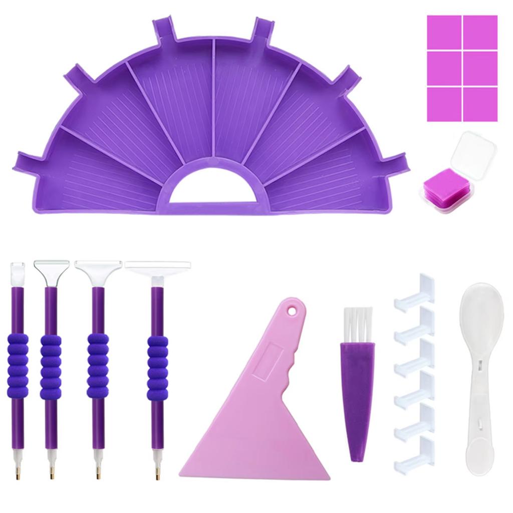Diamond Painting Tool Kit with Fan Shaped Sorting Tray Wax Pads Craft Pens Scraper Brush Stands and Spoon for Rhinestone Art DIY Supplies