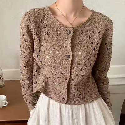 Dámský háčkovaný top s dlouhým rukávem Průhledný Cardigan s knoflíky Prolamovaný Pletený Sako Jaro Léto Boho Dovolenková Móda