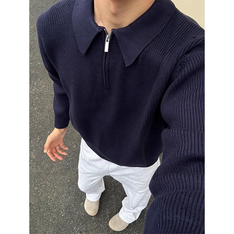 Men's Dark Blue Half-Zip Knit Sweater - Winter, Clean Fit, Versatile Casual Top