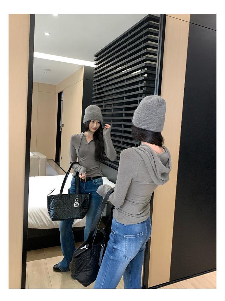 Women's Slim Fit Hooded Henley with Long Sleeves - Comfortable, Skin-Friendly Autumn/Winter Base Layer Top