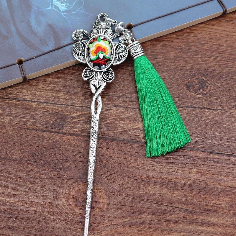 Vintage embroidery earrings hairpin classical temperament Miao peacock flower fringed earrings hair accessories set women