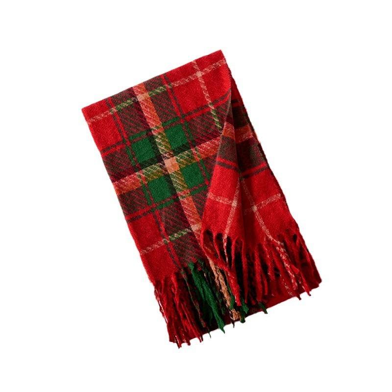Red Plaid Scarf Women's High-end Sense Autumn and Winter New Versatile Imitation Cashmere Scarf Christmas New Atmosphere