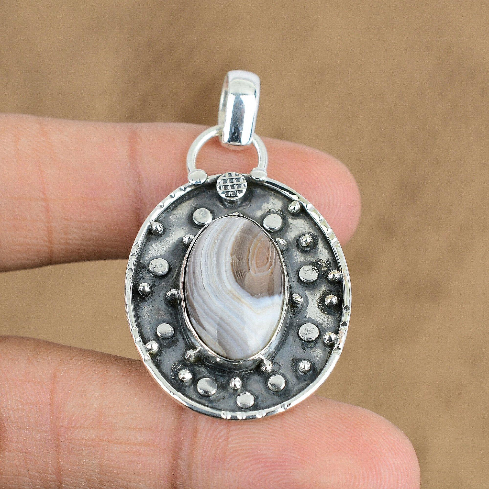

Natural Botswana Agate Gemstone Pendant White 925 Sterling Silver Indian Jewelry
