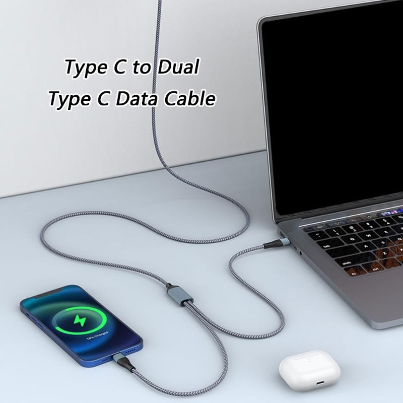100W Type C Cable Nylon Braid Cord 1 To 2 Splitter Cord Simultaneous Charging Line For 2 Devices Flexible