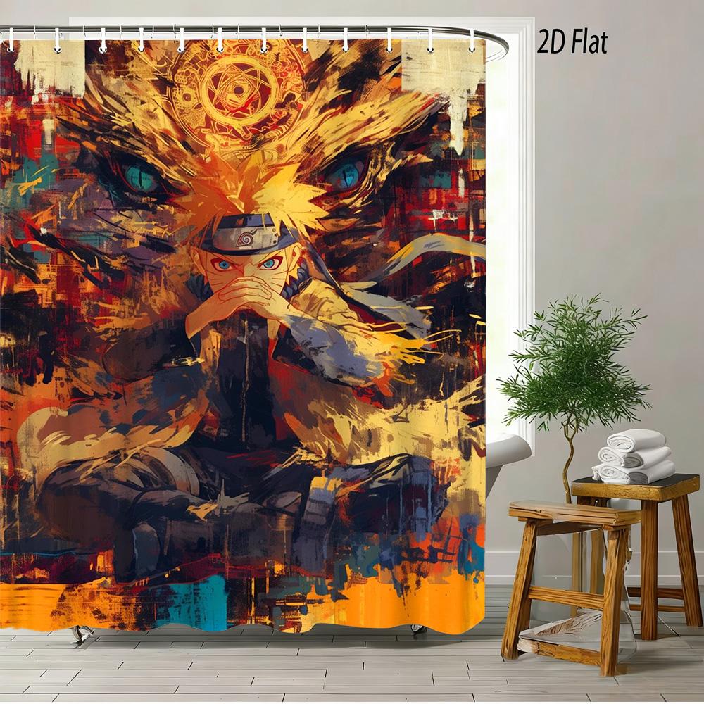2D Flat Naruto Anime Naruto Uzumaki & Kurama Nine-Tails Print Waterproof Shower Curtain For Bathroom Decor W60H190(CM)-1 Pcs