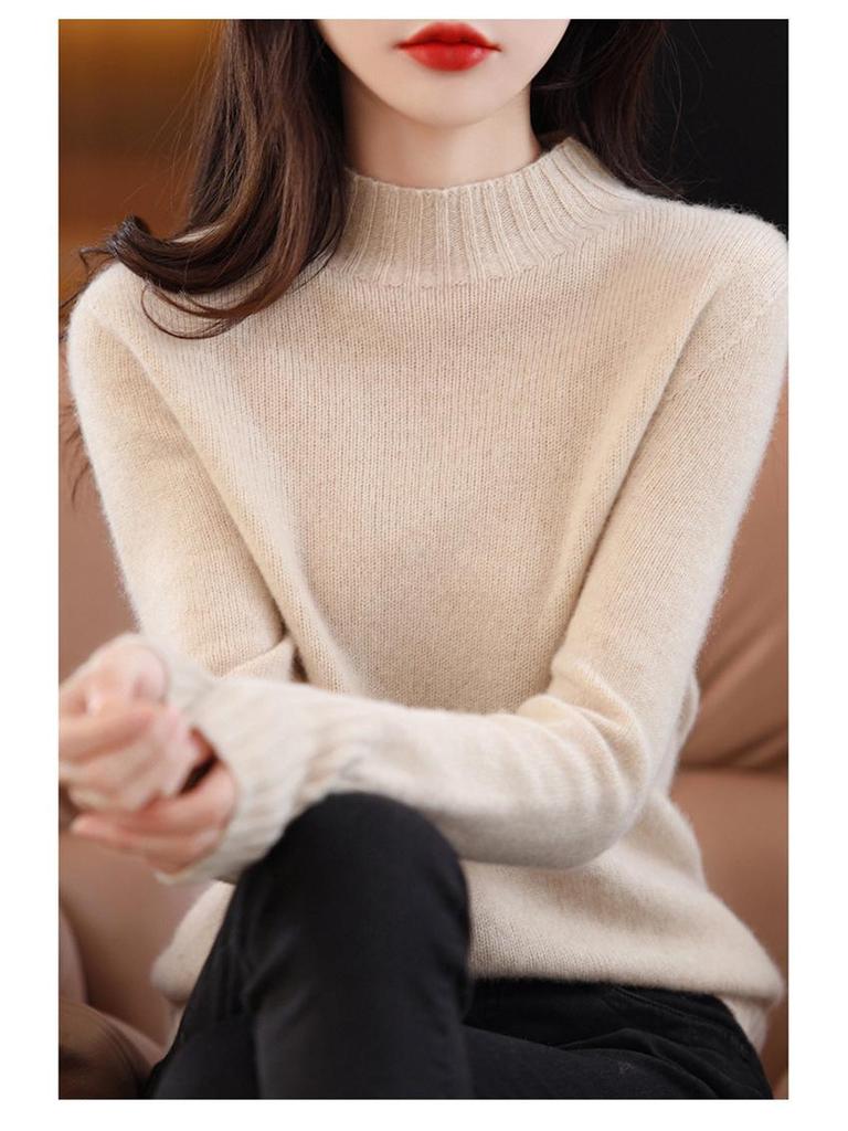 Women's Wool Sweater: Autumn/Winter Half-High Neck, Warm, Solid Color, Loose Fit, Commuter Style