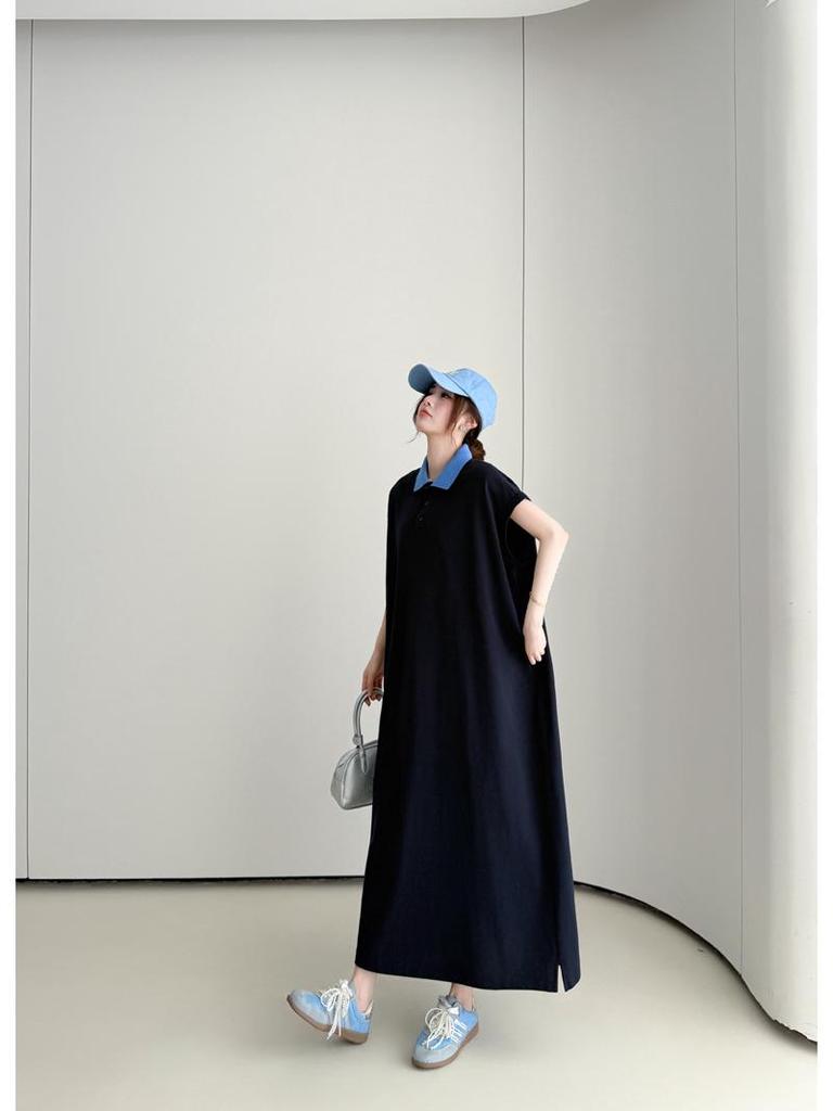 Summer Loose Cotton Polo Collar Dress - Elegant Casual Long Skirt