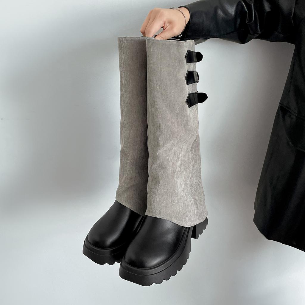 Fashion Fashion Belt Buckle Canvas Patchwork Knee High Boots Women 2025 Autumn Punk Chunky Platform High Heel Knight Long Bota Femininas