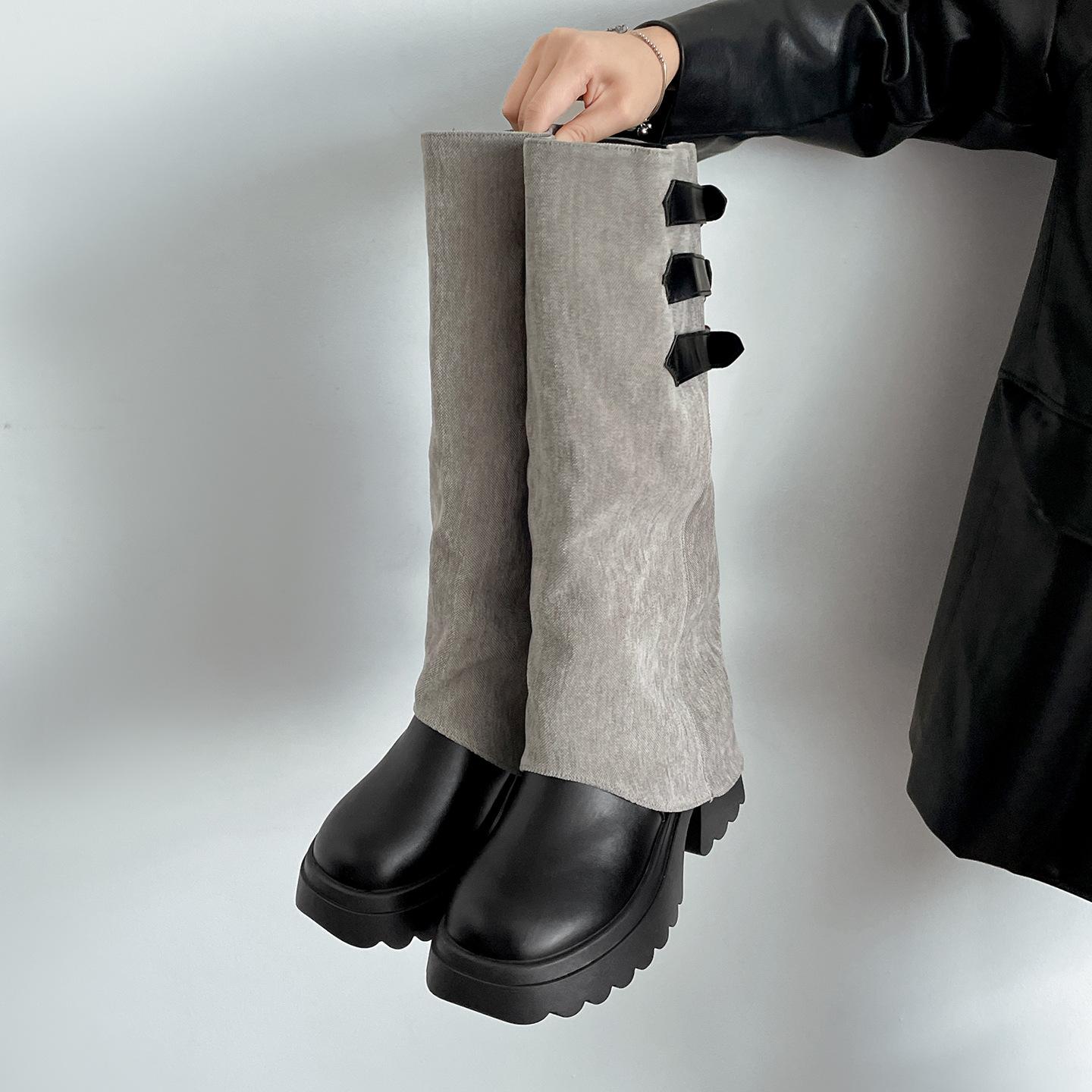 

Мода Мода Пряжка Ремня Холст Лоскутное Колено Высокие Сапоги Женщины 2025 Осень Панк Массивная Платформа Высокий Каблук Рыцарские Длинные Бота Фемининас 35 чёрный