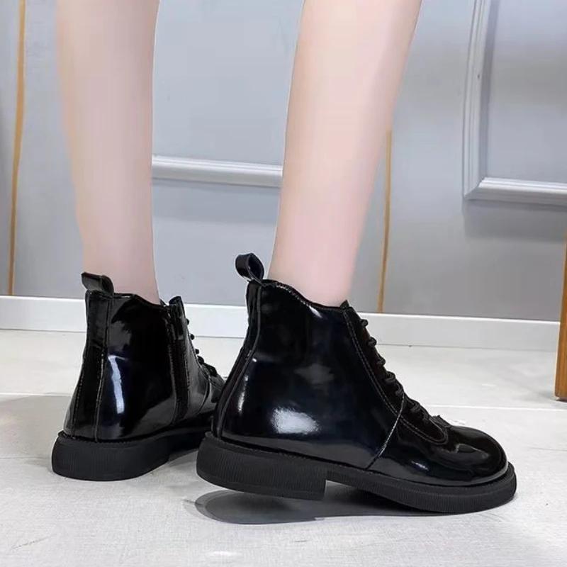 Fashion Black Short Shoes for Women Female Ankle Boots Lace-up with Laces Leather Round Toe Footwear Booties Comfortable and Elegant Y2k
