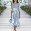 Women's Off Shoulder Floral Print Midi Dress Short Sleeve Slim Fit Elegant Dress