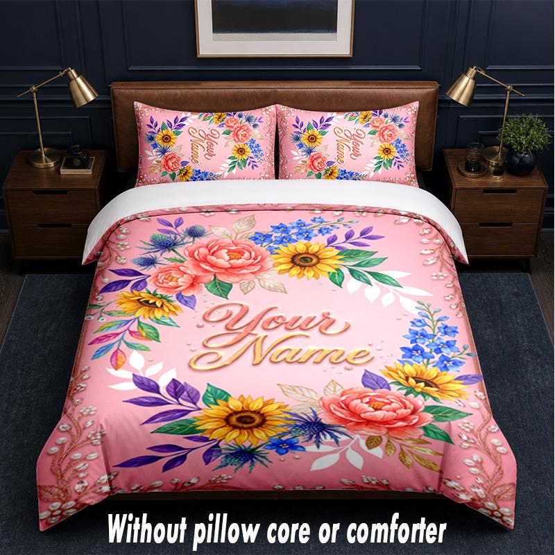 Floral Theme Custom Text Or Name 3Pcs Bedding Set,1 Flat Sheet & 2 Pillowcases Personalized Home Bedding