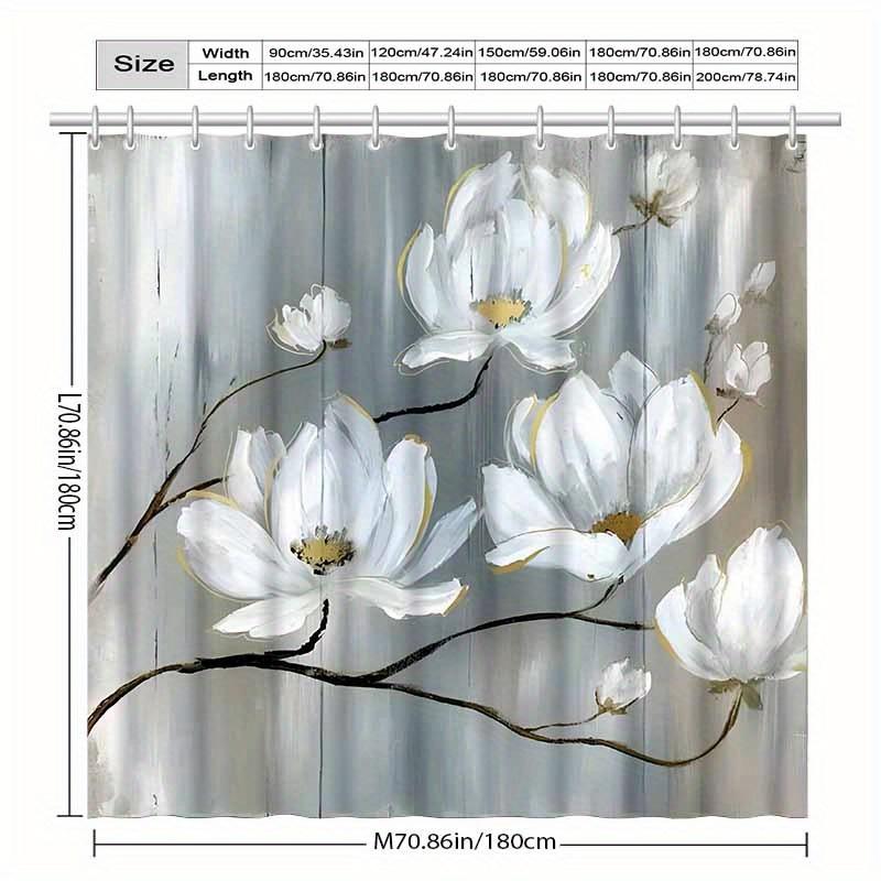 Simple White Magnolia Flower Pattern Shower Curtain - Polyester Fabric, Machine Washable, With Hooks Suitable For Bathroom Decor