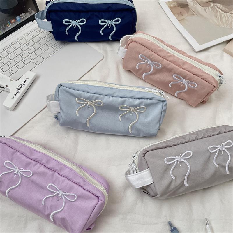 Cute Simple Bowknot Hand-Held Pencil Case Girly Pencil Bags Large Capacity Portable Student Stationery Storage Bag School Supply