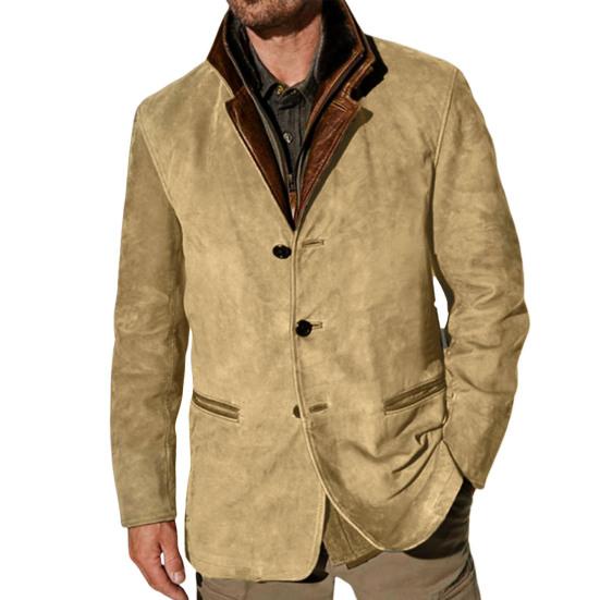 Winter Fall Men Jacket Retro Patchwork Fake Two-piece Fake Pockets Single-breasted Cardigan