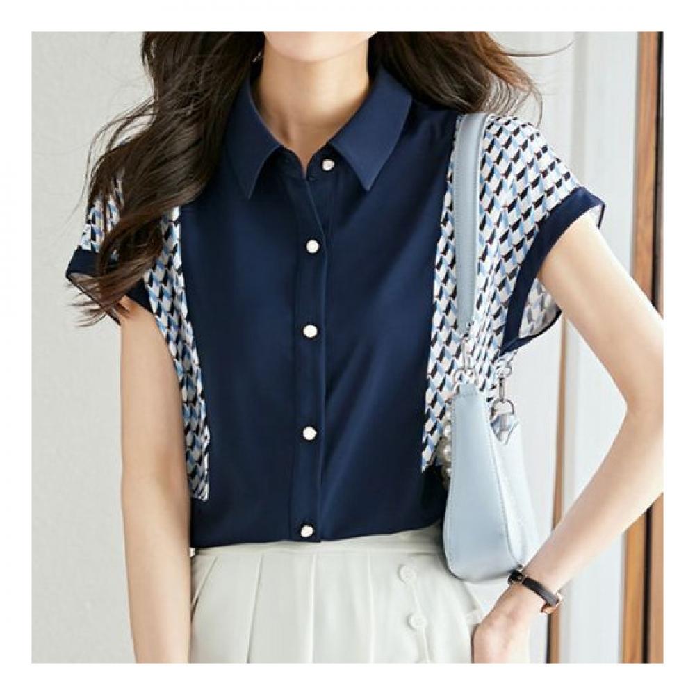 Navava Women Vintage Pattern Collar Cap Sleeve Shirt Nb1476