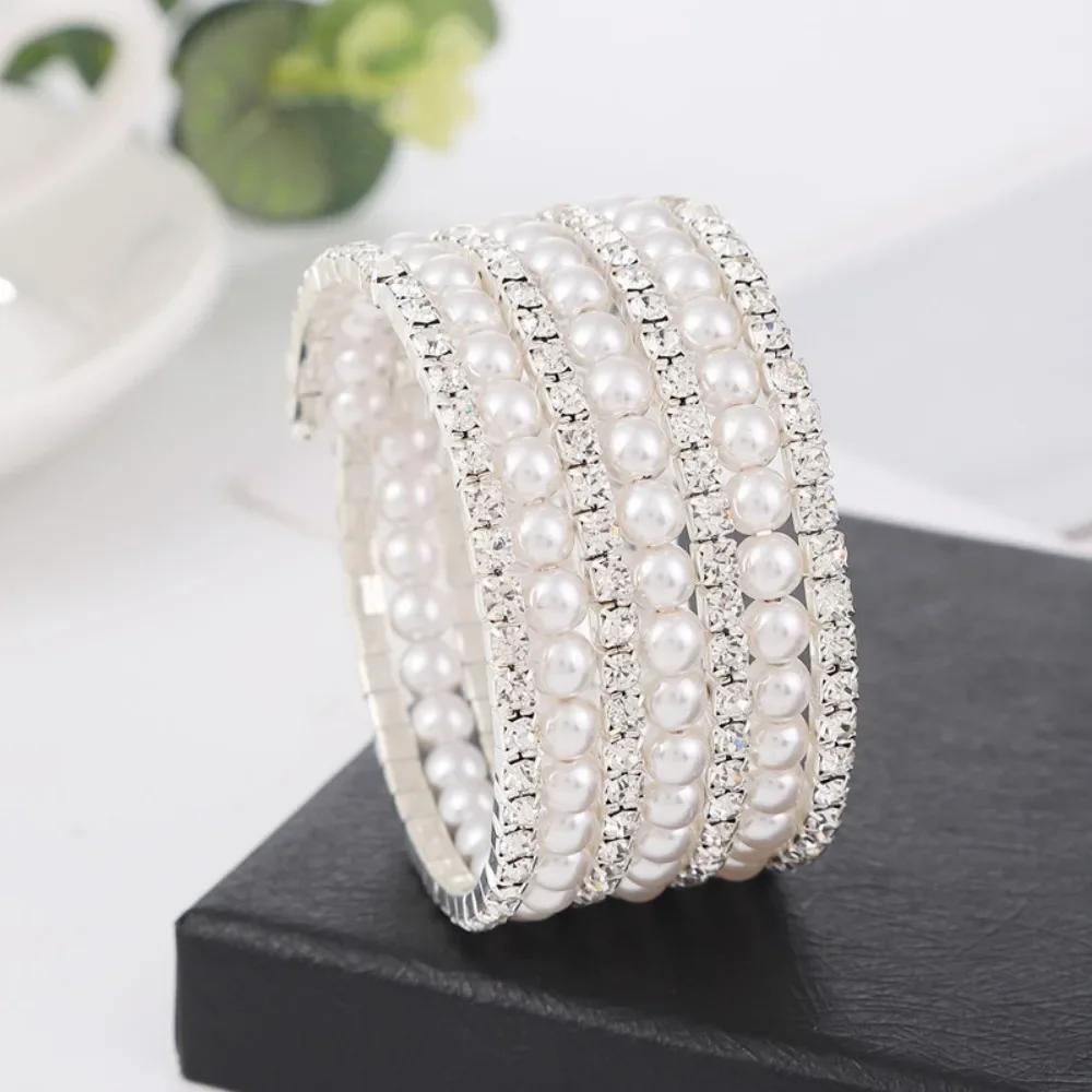 Shining Crystal Bracelet Multi Layer Full Rhinestone Hand Wrist Bracel Wedding Jewelry Wide Imitation Pearl Bracelets Wedding