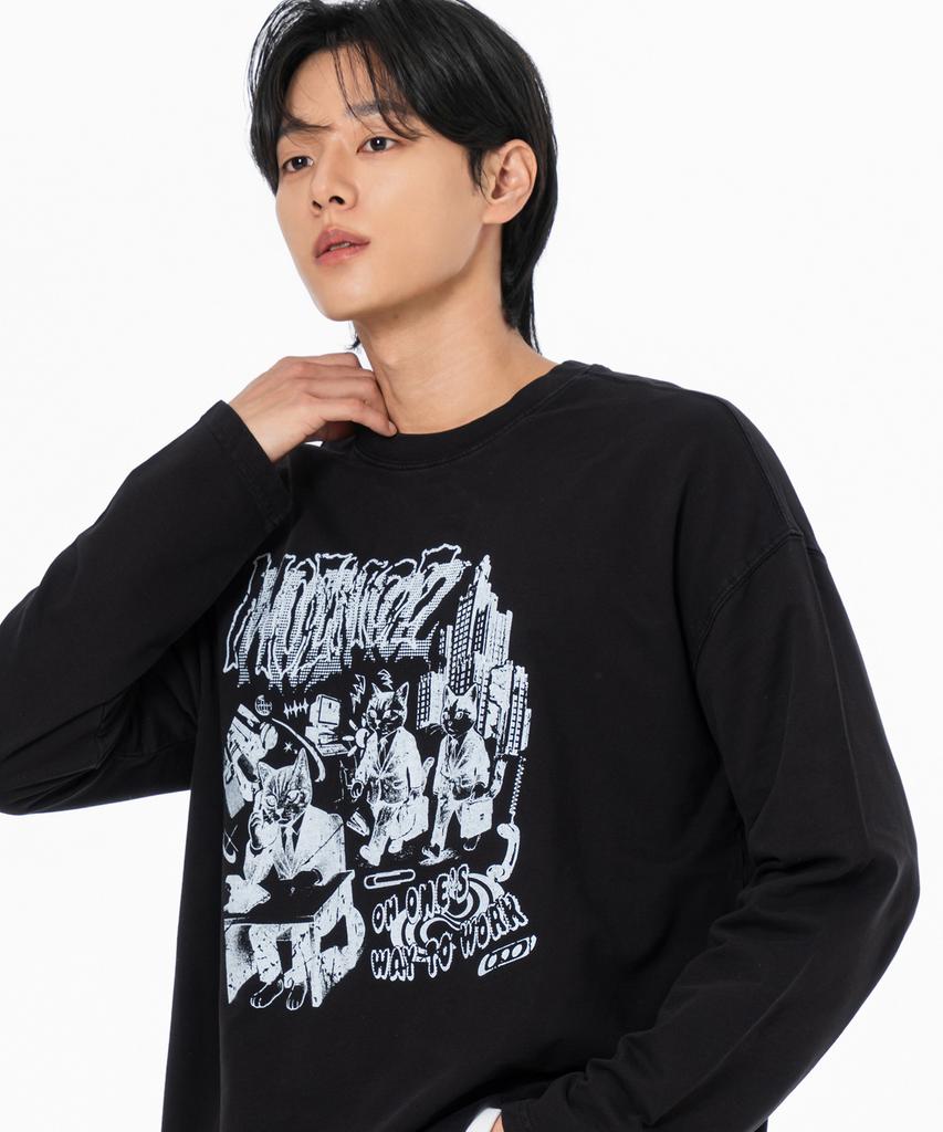 MOZMOZ Commuting Cat Graphic Pigment Long Sleeve Black