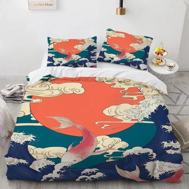 Sada povlaků na přikrývku Wave Vzor Hokusai Japonský povlak na přikrývku Ukiyoe Orientální styl náčrtu Ocean Queen Twin Polyesterová sada povlečení