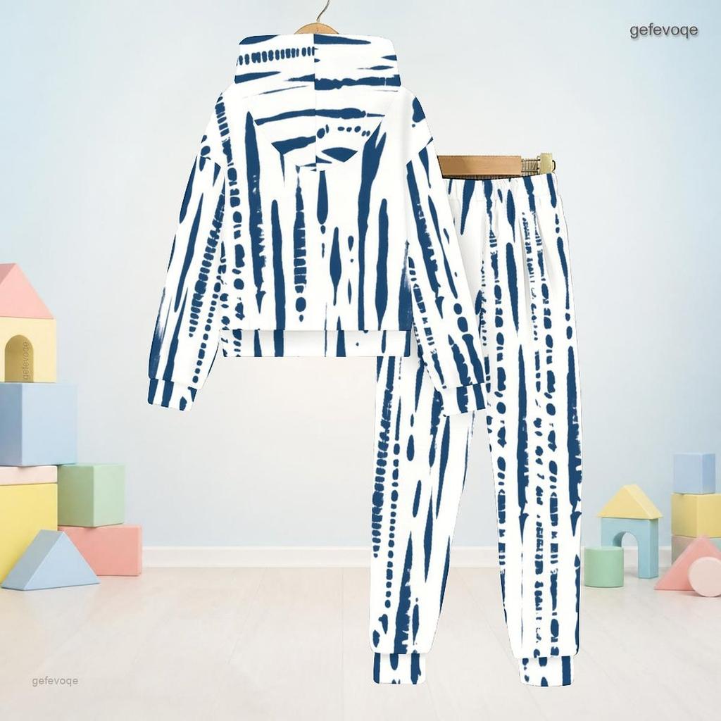 Boys Girls Blue White Printed Hooded Long Sleeve Sweatshirt Cuffed Pants Two Piece Set