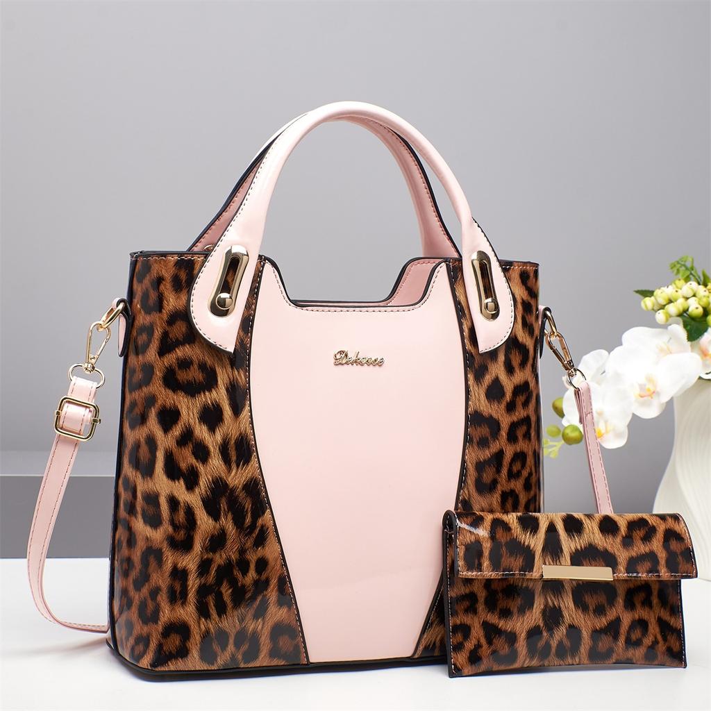New Leopard Print Mother Bag Spliced Bright Leather Handbag Middle-aged Mother Bag Large Capacity Multi-functional Women's Shoulder Bag