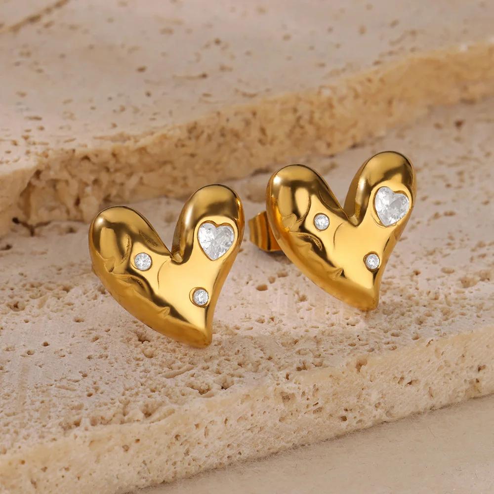 Inlaid Zircon Heart Stainless Steel Stud Earrings for Women Gold Color Wedding Aesthetic Earrings Jewelry Matching Accessories