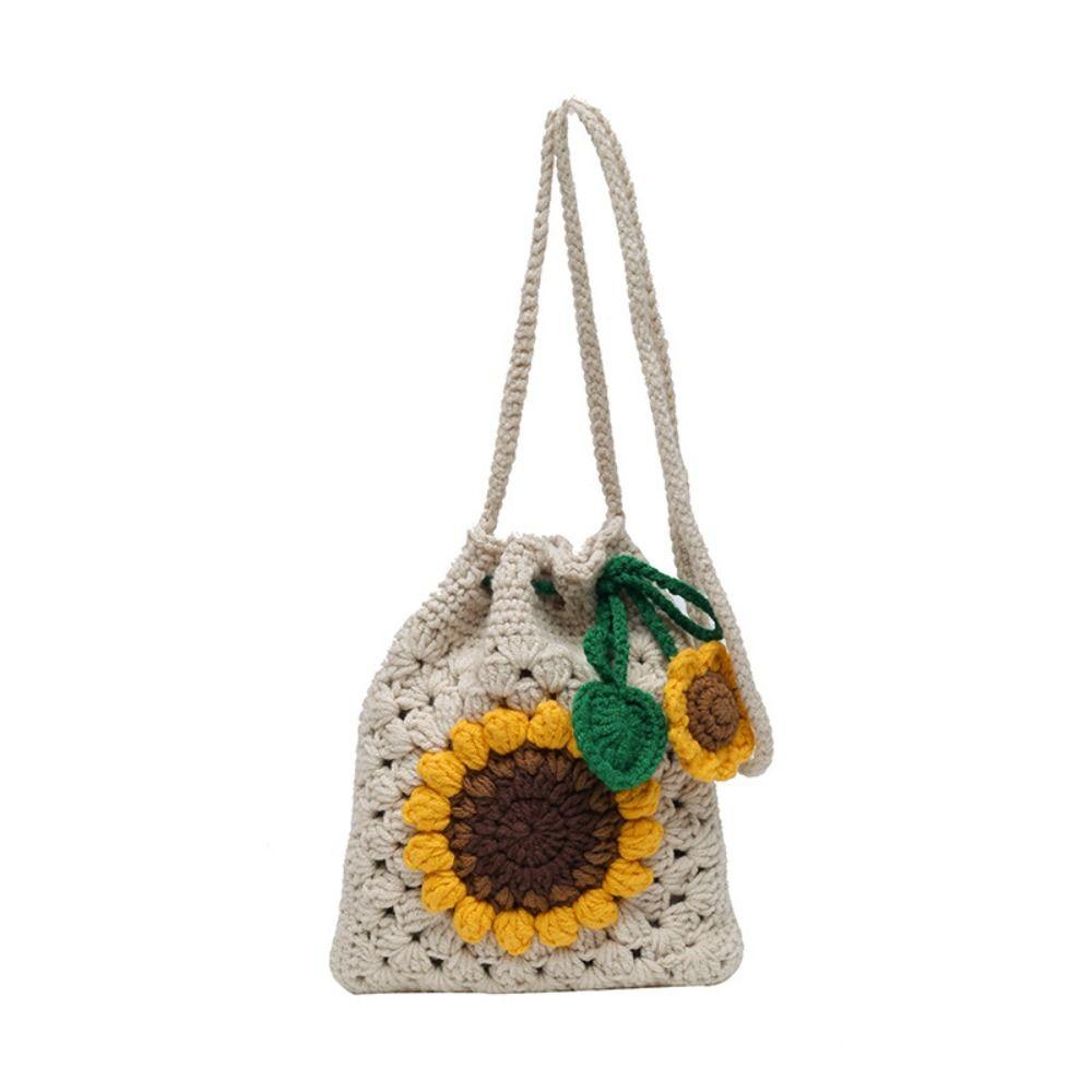 Drawstring Sunflower Shoulder Bag Knitted Sunflower Knitted Bag Handwoven Knit Bag Girl Gift