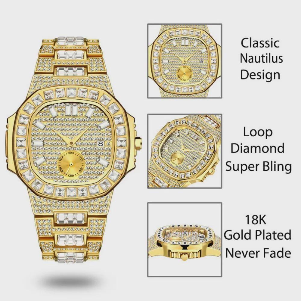 Hip Hop Iced Out Mens Watch Diamond Paved Analog Quartz Watch Waterproof Stainless Steel Luxury Wristwatch