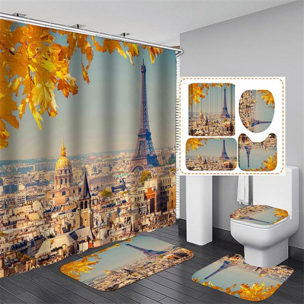 HOT 4PCS Paris Eiffel TowerWaterproof Shower Curtain Bathroom Toilet Seat Cover Mat Home Room Carpets Rugs Bath Mat