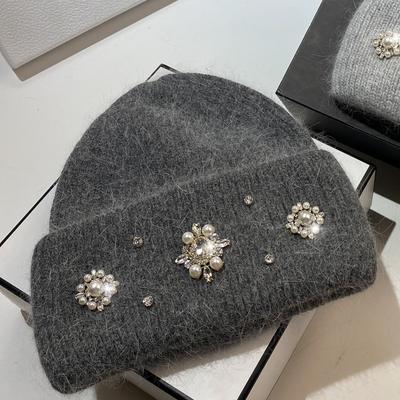 Real Rabbit Fur Diamonds Beanies Hats For Women Winter Warm Knitted Hat Designer  Lady Casual Bonnet Skiing Cap