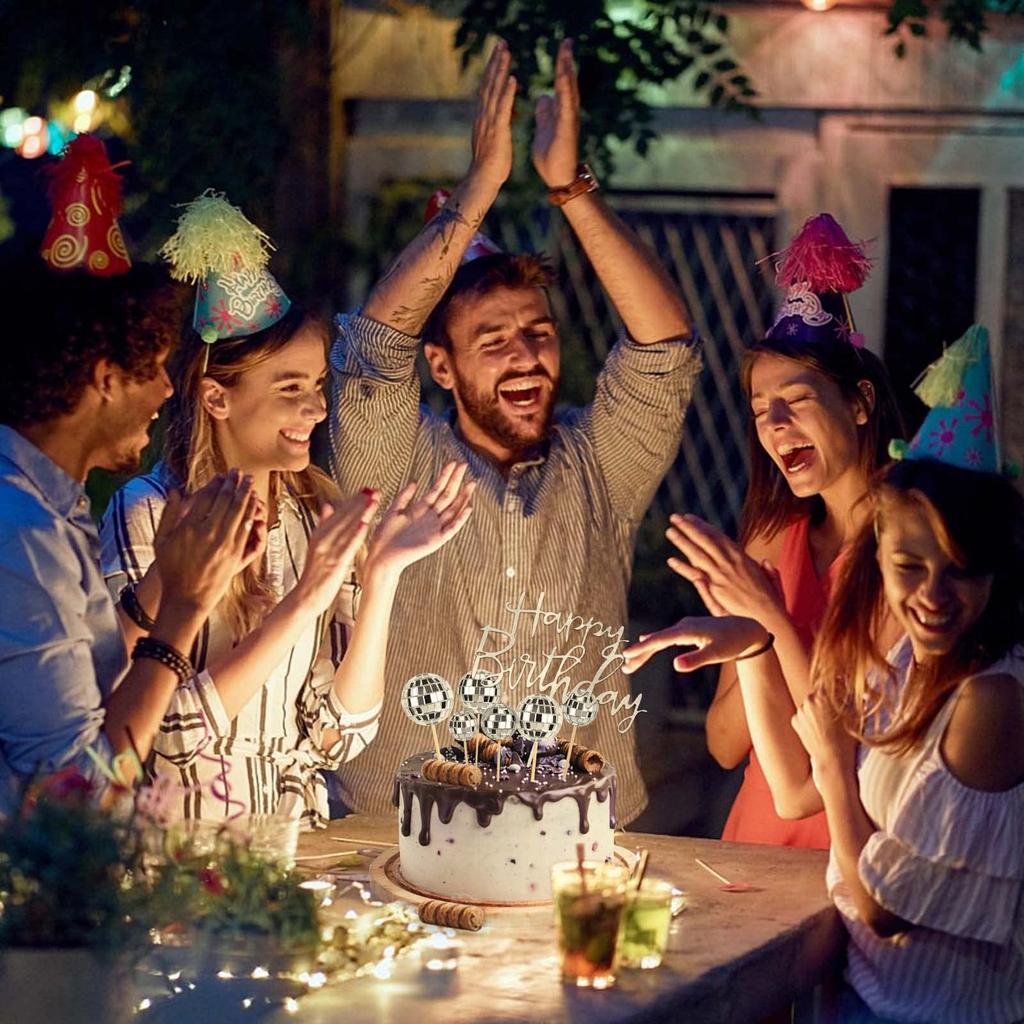 23 ks Třpytivé kuličkové topper na dort Disco Party Dekorace Stříbrná karta Šťastné narozeniny Topper na dort pro Disco tématickou párty 70s Disco Párty