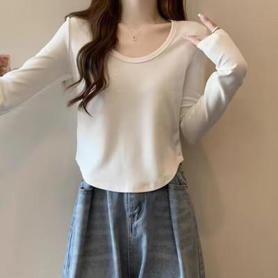 Wind Real Shot U-neck Long-sleeved T-shirt Women's Autumn and Winter German Velvet Velvet Thickened Inner with Short Warm Solid Color Shirt