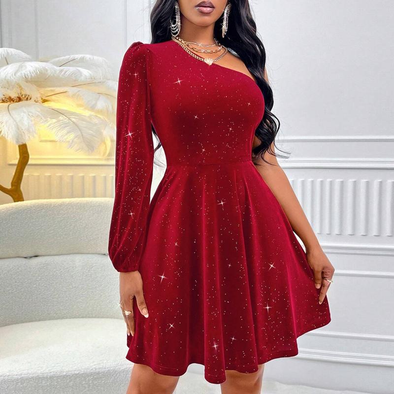 

Женские платья 2025 Осень Зима Длинный рукав Сексуальный косой воротник Тонкий Женское платье J885 XS красный