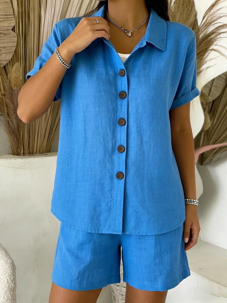 Set Casual con Camicia a Maniche Corte con Bottoni e Pantaloncini per Donna