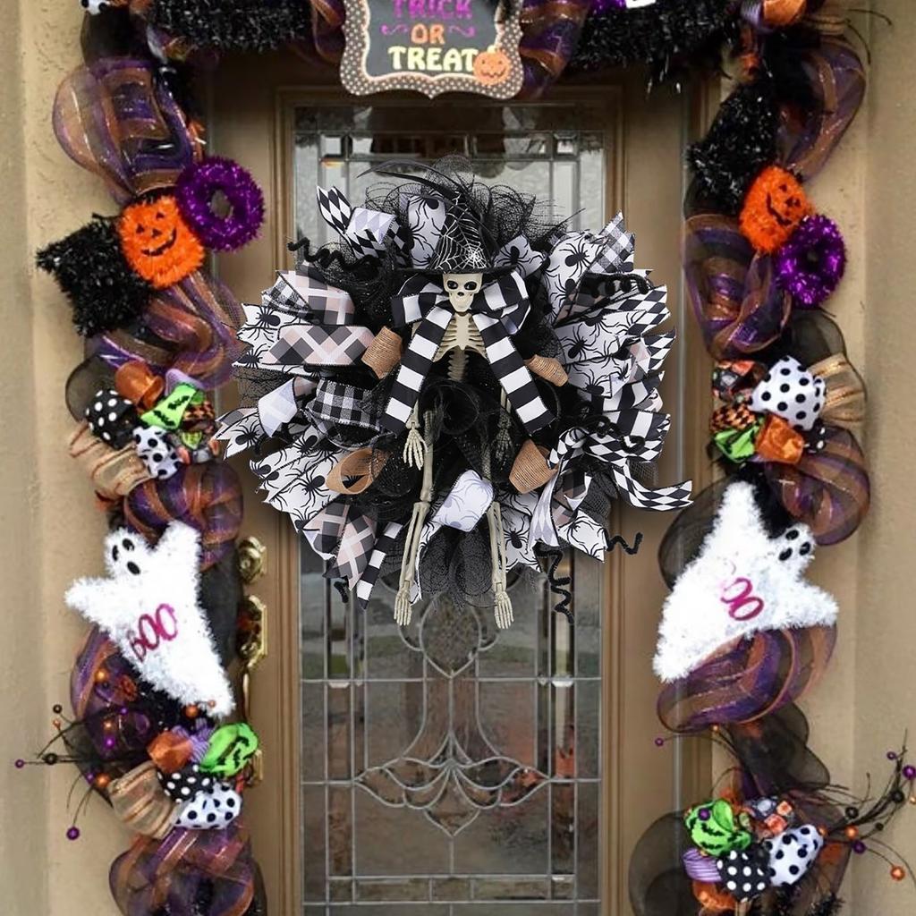 Halloween Skeleton Wreath Decoration Mesh Rose Head