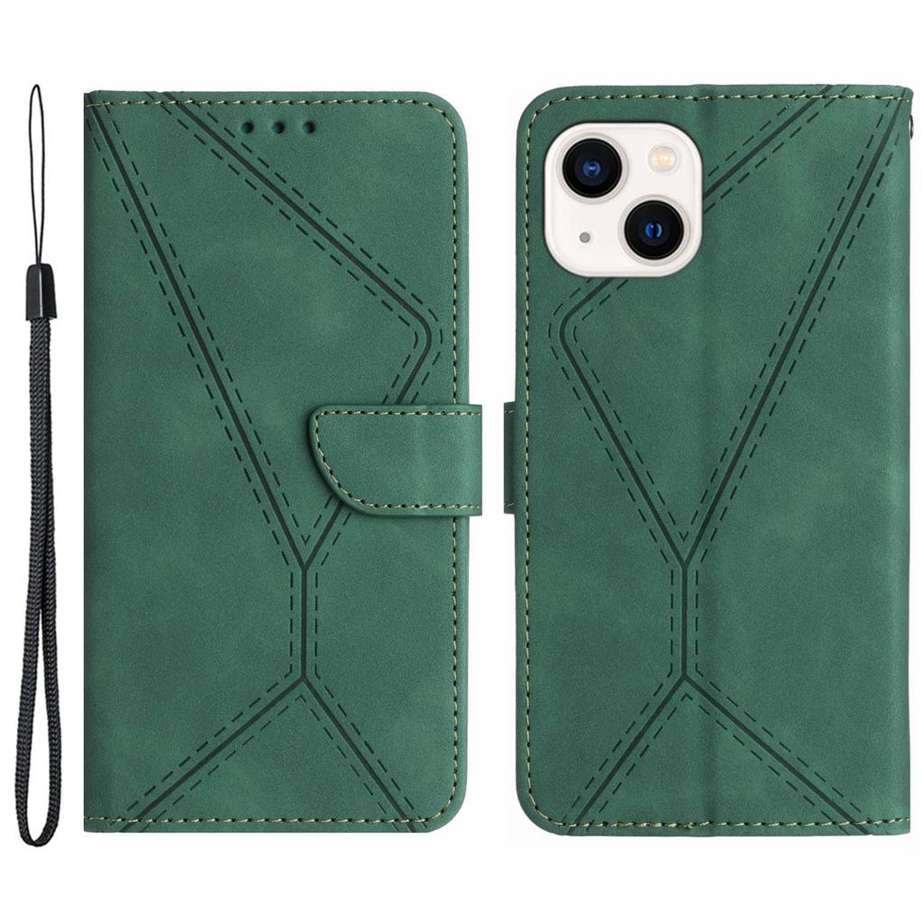 HT05 Leather Cover for iPhone 15 Skin-touch Flip Stand Wallet Imprinted Line Phone Case