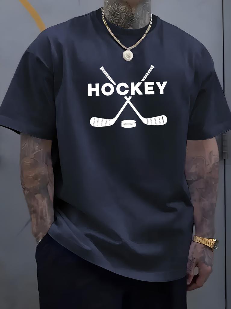 Unisex O Neck Tee Hockey Sports Stick Puck Pattern Print Cotton Short Sleeve Loose Summer Breathable Daily Casual Basic Wear Top