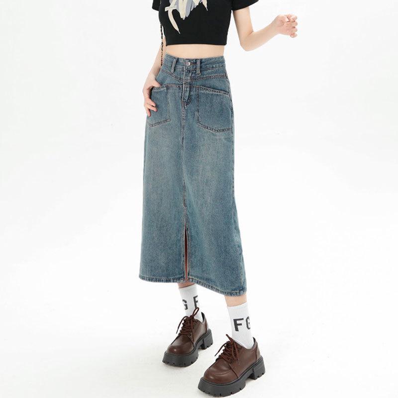 Women's High Waist A-Line Denim Midi Skirt with Slit and Pockets