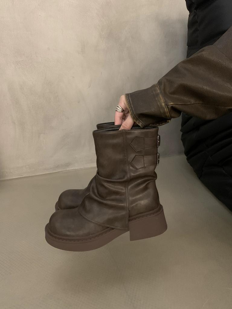 Fashion Women Mid-calf Pleated Platform Boots New 2024 Chunky Mid Heels Motorcycle Boots Fad New Trend Gladiatus Walking Chaussures Lady
