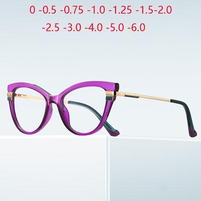 Lila Rahmen Cat Eye Minus Sight Kurzsichtige Brille für Frauen Federscharnier Student Kurzsichtbrille 0 -0,5 -0,75 bis -6,0
