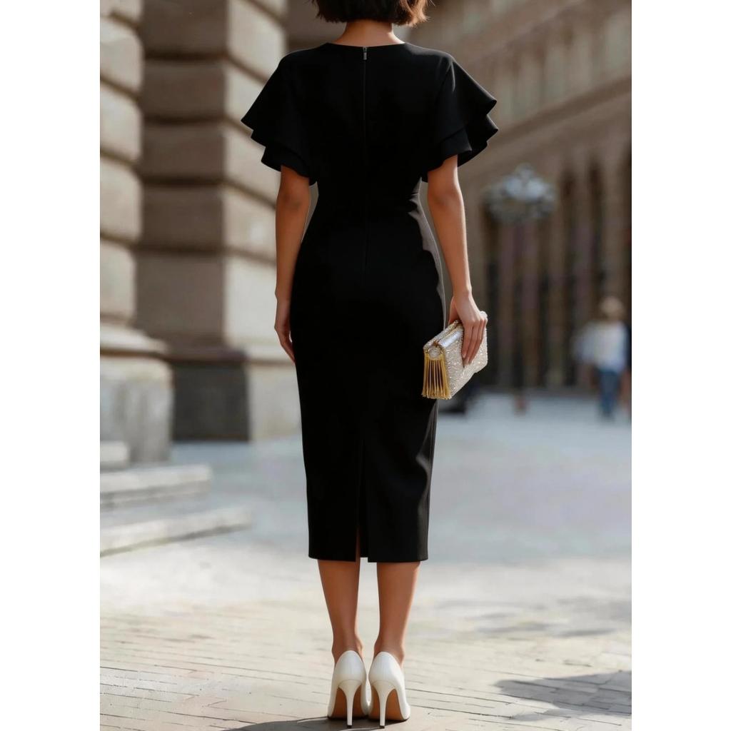 Robe Fourreau Élégante à Manches Volants 2026 pour Femmes, Robe Midi Bodycon à Col Rond Coupe Ajustée, Tenue Formelle pour le Bureau et les Soirées Cocktail