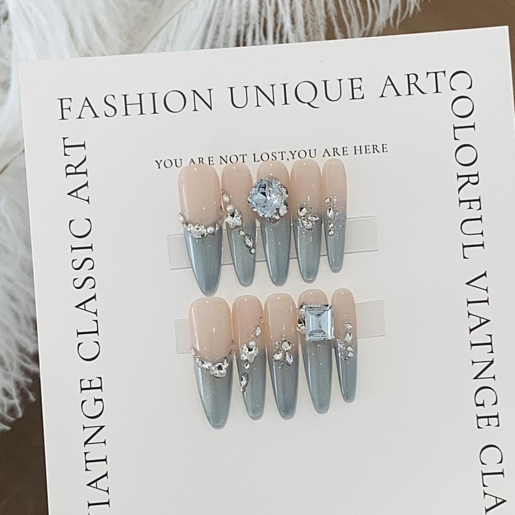 Handmade Blue Gradient Pearl Small Broken Diamond Pile Square Diamond Coconut Ice Blue Removable Nail Stickers