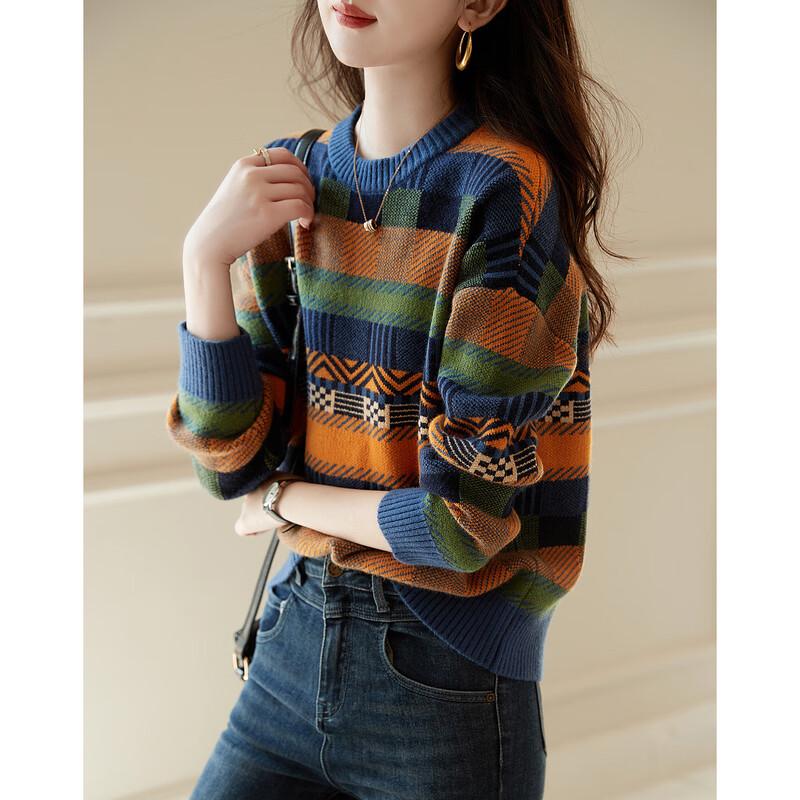 

Женский вязаный свитер с круглым вырезом и цветными блоками L
