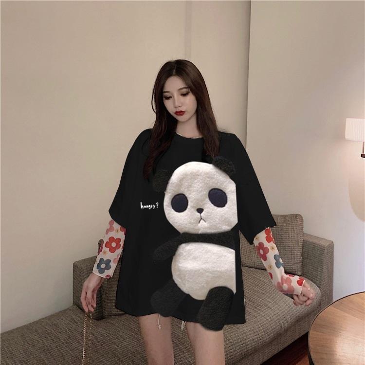 

Жіноча літня футболка з вишивкою з мультфільмом панди середньої довжини з короткими рукавами XXL чорний
