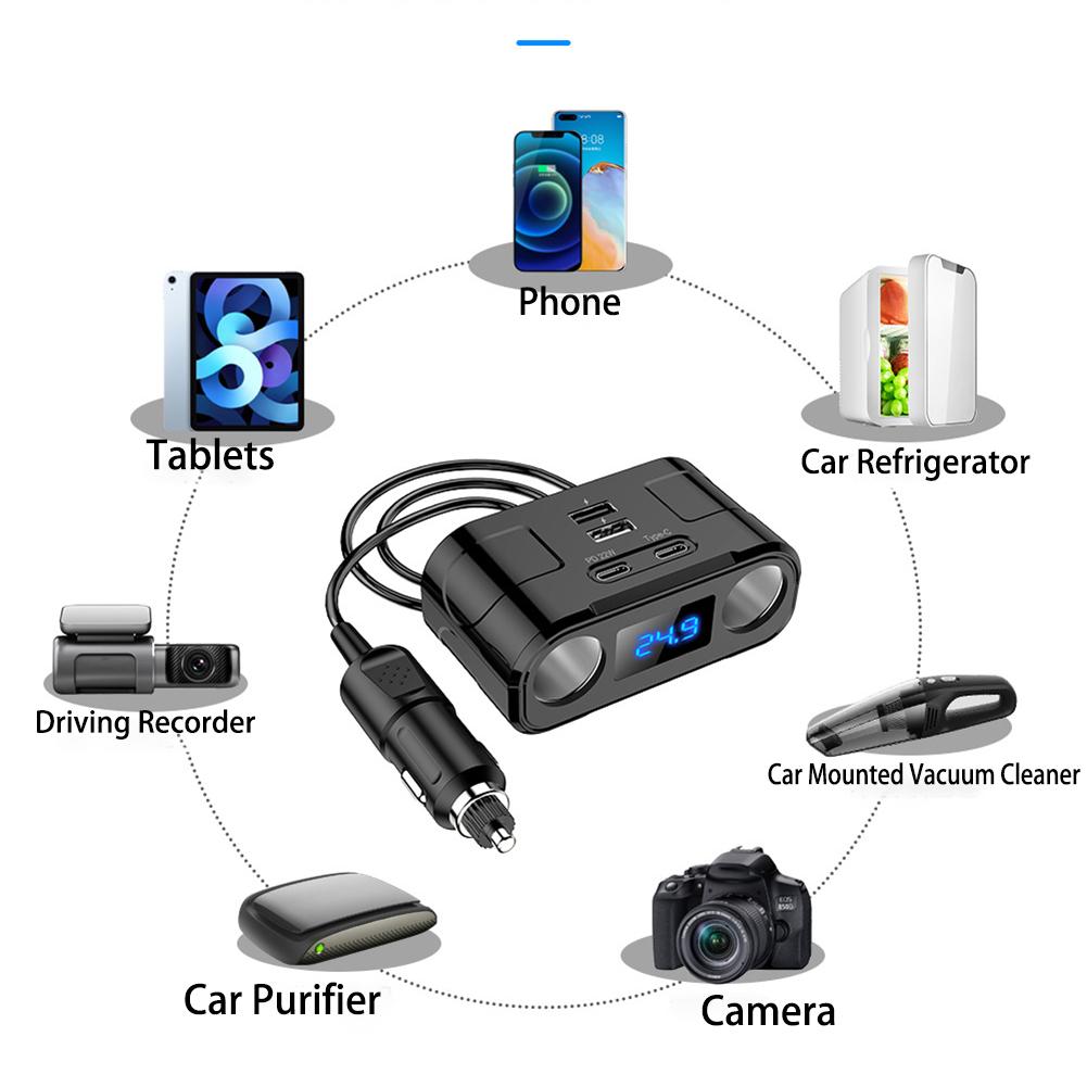 60W PD QUICK CHARGE QC3.0 Cigarette Lighter Adapter 12V/24V 3 Socket Power Splitter Outlet 4 USB Ports Car Charger GPS Dashcam